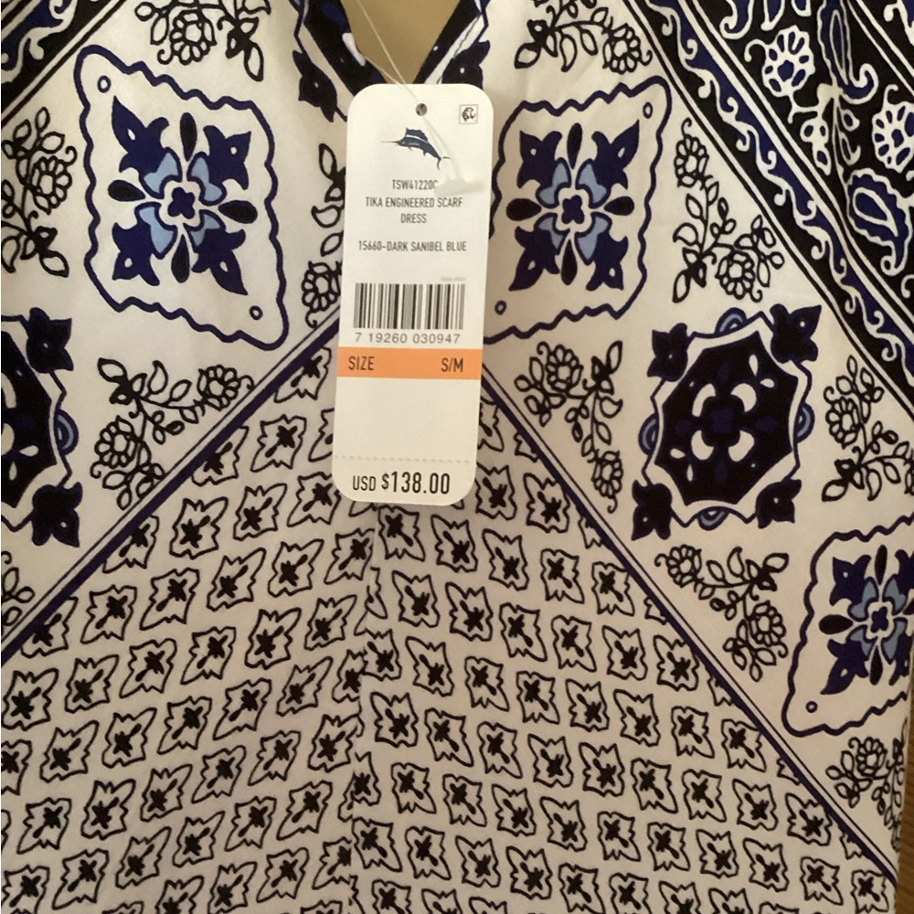 🌴 TOMMY BAHAMA Scarf Dress NWT Sz S / M Tika Tiles blue and white coverup - Picture 6 of 8